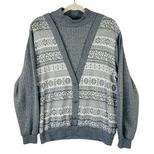 Cricket Lane Vintage Grey Fair Isle Snowflake Cardigan Sweater Womens Medium